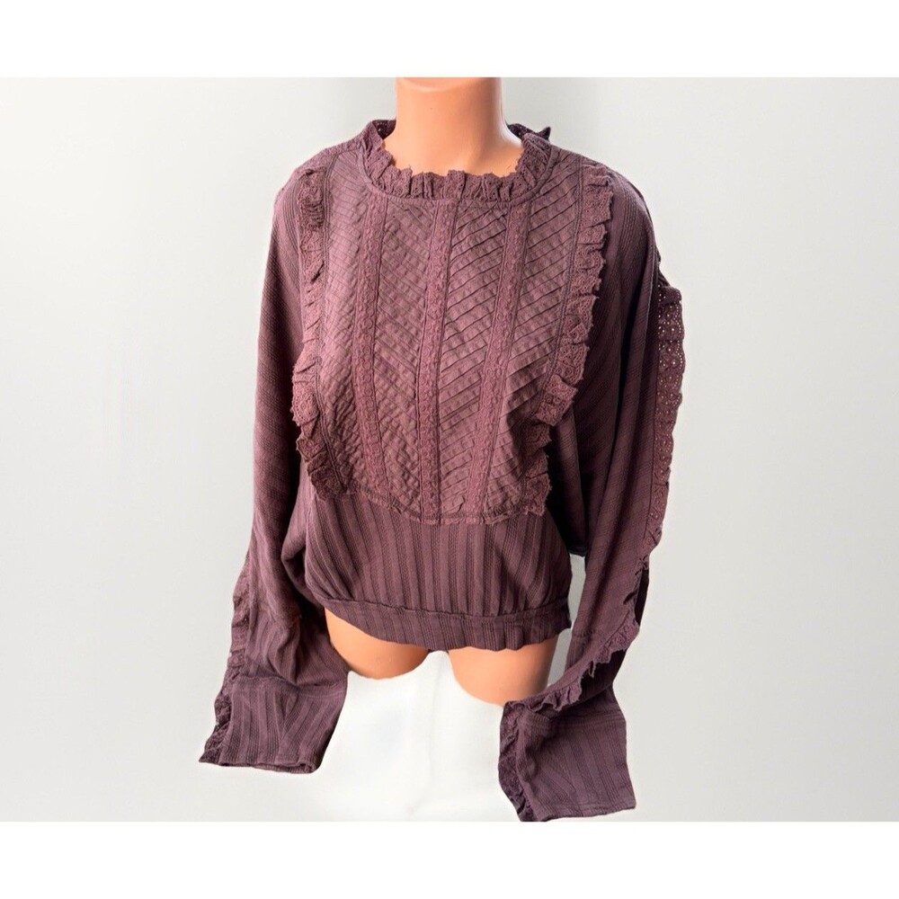 Free People More Romance Top L Mocha Brown Lace Ruffle Eyelet Boho Knit Blouse